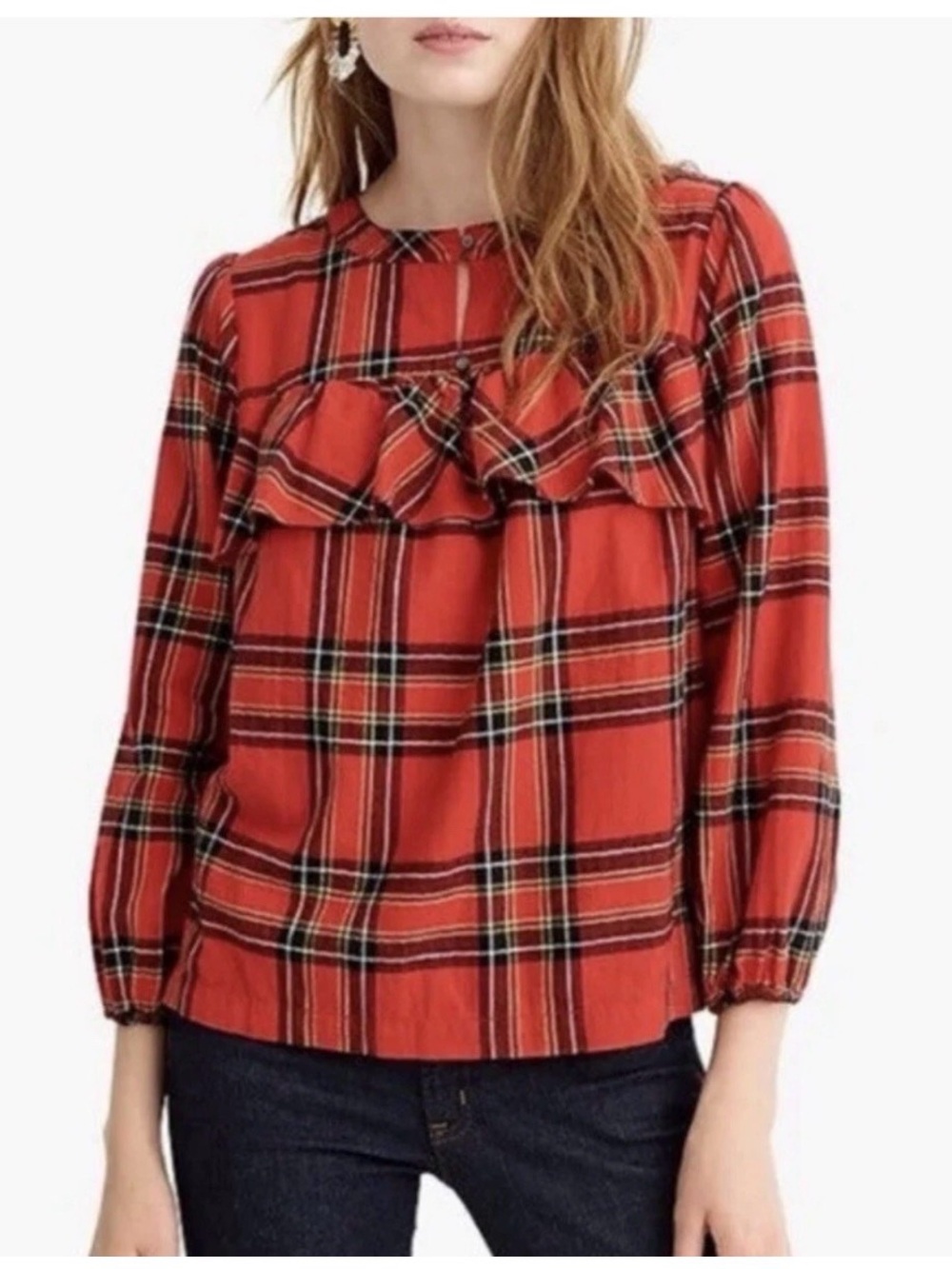 J. CREW Ruffle Red Tartan Plaid Blouse Size XS